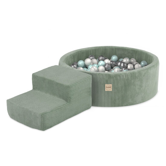 PLUSH NEST Playground Dry Pool 90x30 + step (+200 balls- pearl, pearl mint, silver), green, premium corduroy